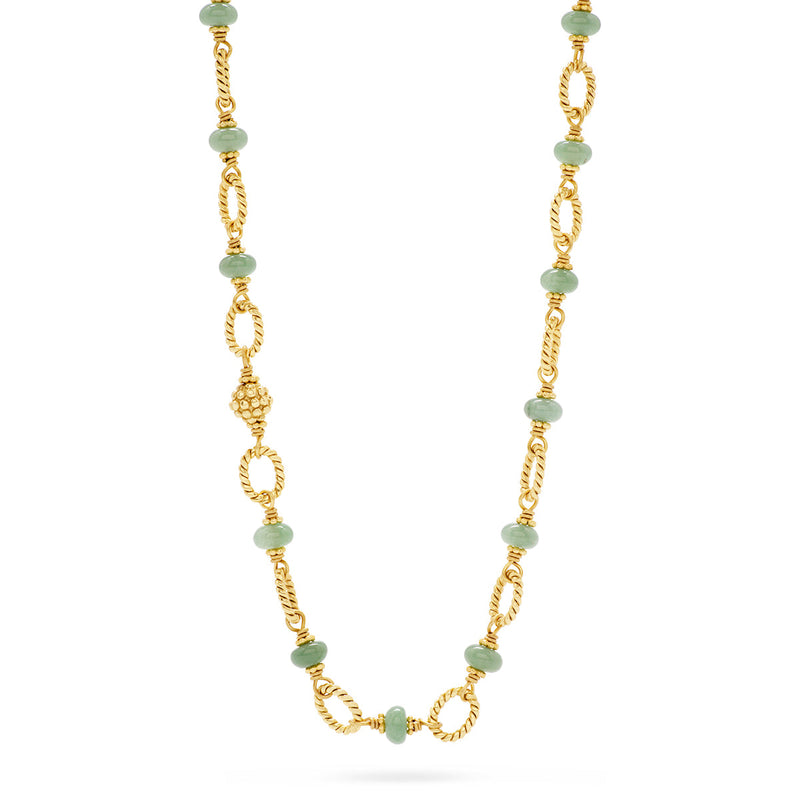 For when just a dash will do, we’ve added semi-precious jade beads to a classic chain necklace for a subtle splash of color. Gloriously versatile, this necklace moonlights as a bracelet when wrapped around the wrist three times, can be transformed into a lariat style, is designed for layering and can hang a pendant. Just like all women, this necklace is a beautiful multi-tasking gem. Offered in Ocean Blue, African Violet and Meadow Green.