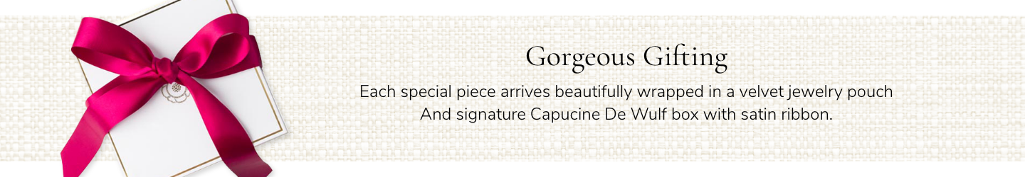Gift packaging with a velvet jewelry pouch and satin ribbon, featuring text about 'Gorgeous Gifting'.
