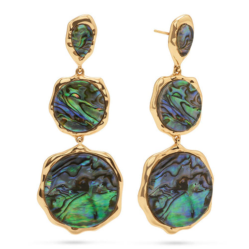 Inspired by the dancing northern lights and dripping in a trifecta of earthy opulence - elemental, striking and vibrant - these statement earrings add a splash of drama to any outfit, day or night. Featuring sustainably harvested abalone set in a molten flourish of gleaming gold, this pair whispers of the mysterious treasures of Mother Earth - from the depths of the sea to the dancing northern lights in the sky -and serves as a reminder of the mercurial magic that you carry within you every day.