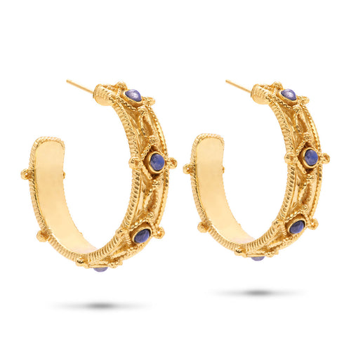 This captivating pair of earrings channels queen energy everyday, with their intricate crown-like motif done in gleaming gold and studded with majestic blue labradorite stones. Wear this regal set and feel confident and feminine, whether you're on the red carpet or having a cup of tea.