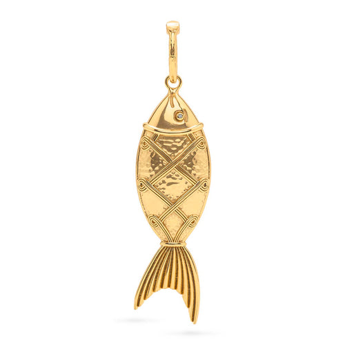 Inspired by a love of the ocean, this golden fish is festooned with intricate, gilded detailing and is a talisman for good luck and prosperity. This charming pendant works beautifully on any chain and is a reminder that wherever you are (from the office to home and beyond) you are a fabulous catch.