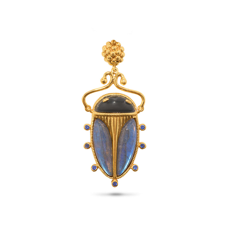 A pendant to wear on any chain, our stunning Scarab is an empowering talisman of resilience that you can carry with you every day. Our modern version of an ancient amulet features luminescent blue labradorite and black onyx. This eye-catching pendant is an unfailingly interesting and unique conversation-starter that adds irresistible charm to your jewelry pieces.