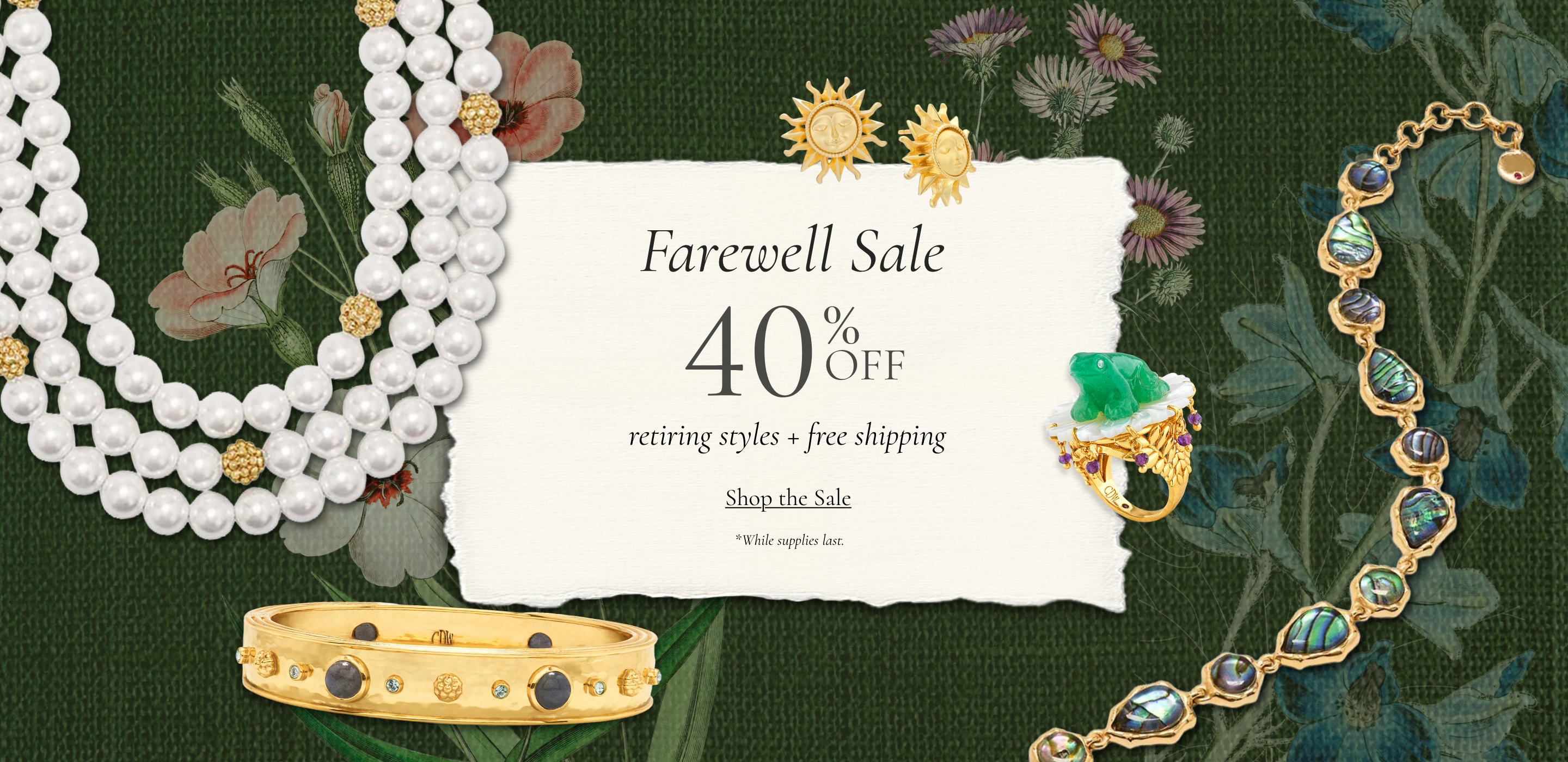 Jewelry with a 'Farewell Sale' sign on a floral background