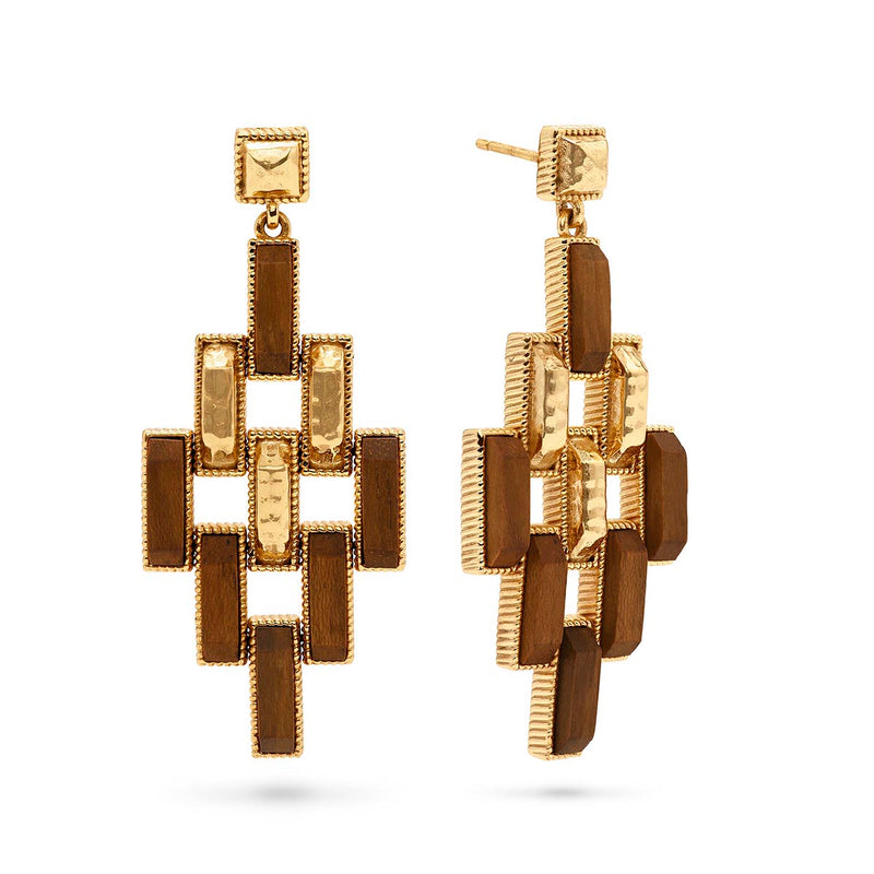 These earrings are constructed of rectangular teak wood links in a chandelier silhouette with a geometric twist that is simultaneously edgy and elegant. Symbolizing the different pathways we choose to follow in life - each one fabulously unique - wear these as you travel along your daily adventures, from Monday meetings to Saturday date night.