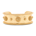 Clean and classic, bold and gold, this staple statement cuff goes with absolutely everything, from cozy sweater to breezy caftan to cocktail dress. We especially adore that prim little line of  berries and golden rope trim that pulls everything together with a subtle feminine flourish. Lovely for layering and especially striking alongside its matching big sister, the Berry Grande Cuff.