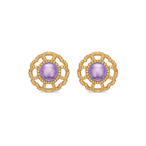 Our iconic blossom, a symbol for spreading Love, embraces a gorgeous cabochon cut amethyst stone set in 18K gold stud earrings. 