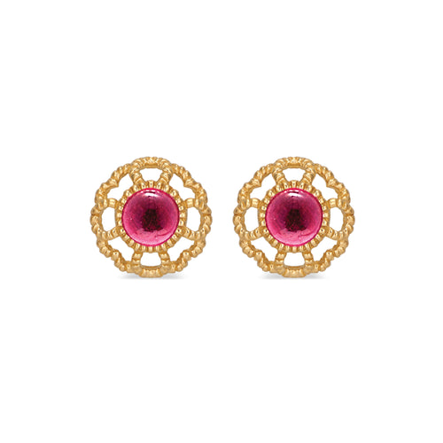 Our iconic blossom, a symbol for spreading Love, embraces a beautiful Cabochon cut ruby set in 18K gold stud earrings. 
