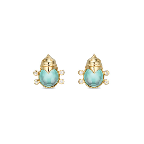 These precious little Lovebug stud earrings whisper words of love into the ears of the wearer. Blue topaz center stones are set in 18K gold with tiny, diamond feet. 