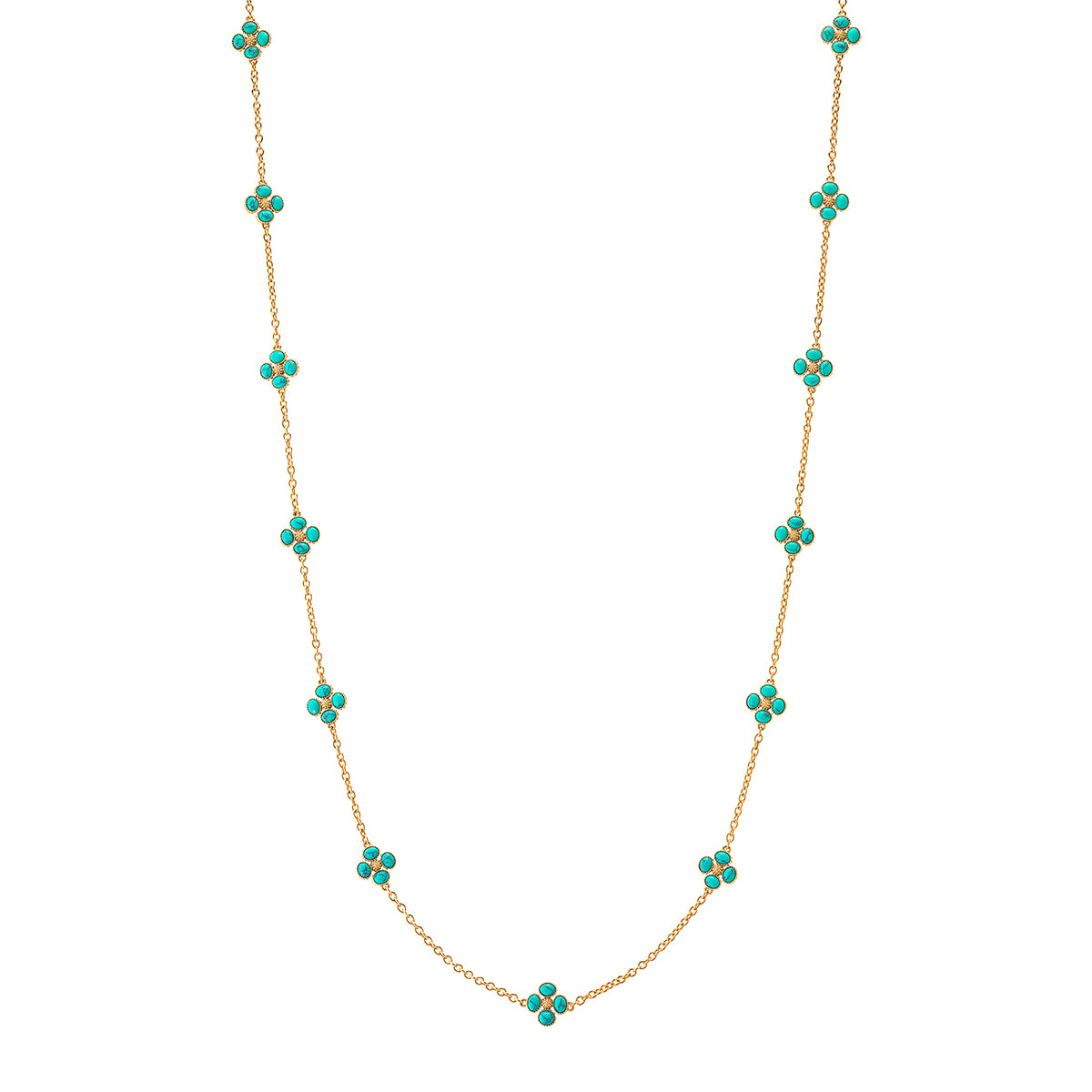 This dainty, double-sided station chain necklace is a vision in bright, gleaming gold and turquoise blue, interspersed with our clever double-sided clovers that playfully flip throughout the day—from turquoise clovers with golden berry centers to golden clovers with turquoise centers. Wear it long or doubled around your neck for a layered look.