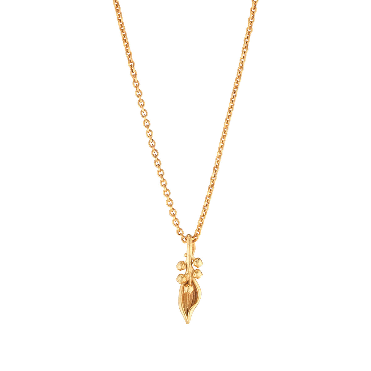 A dainty chain necklace is embellished with a petite gilded lily charm, with swooning stems and bell-shaped flowers in intricate detail. Elegant, feminine, and a touch whimsical for your everyday adventures and special occasions alike.