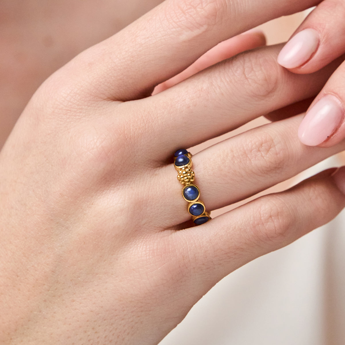 Berry Gem Ring - Blue Labradorite close up of ring on finger