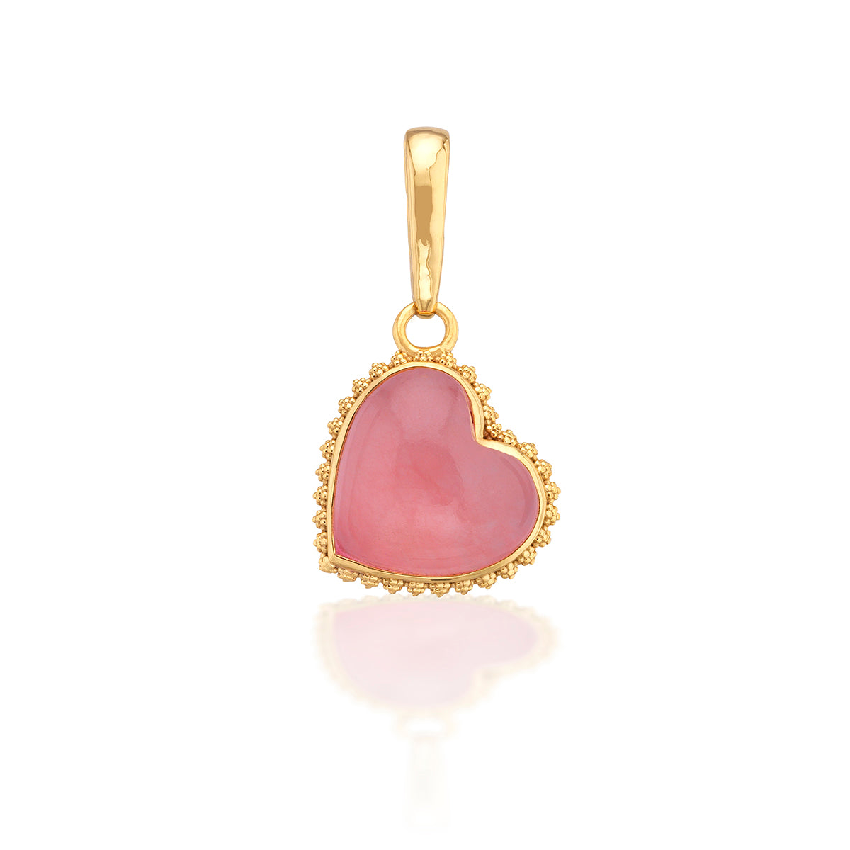 A love token to add to any bracelet or necklace chain, a natural, hand-carved and polished pink jade heart is trimmed in our signature bright gold twisting thread to carry with you wherever you go. This oversized heart is a statement piece that makes a fabulous gift for your beloved—or yourself!