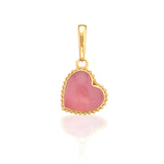 A love token to add to any bracelet or necklace chain, a natural, hand-carved and polished pink jade heart is trimmed in our signature bright gold twisting thread to carry with you wherever you go. This oversized heart is a statement piece that makes a fabulous gift for your beloved—or yourself!