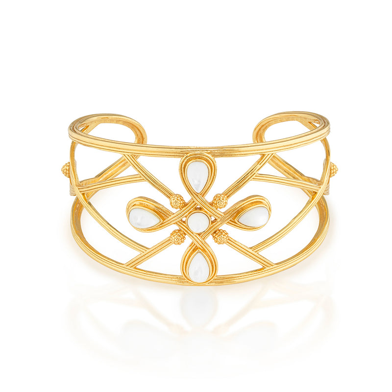 Inspired by Capucine’s incomparable grandmother, Monique De Wulf, who was a true Grande Dame de Paris; unwavering in her spiritual strength, devotion to family (with 9 children!) and passion for dancing. This is a power piece. A subtle compass motif with the points of north, south, east and west in gold and mother of pearl serves as a reminder to trust your instincts and follow your own true north, your inner light. Let your conscience be your compass and you will always choose wisely.