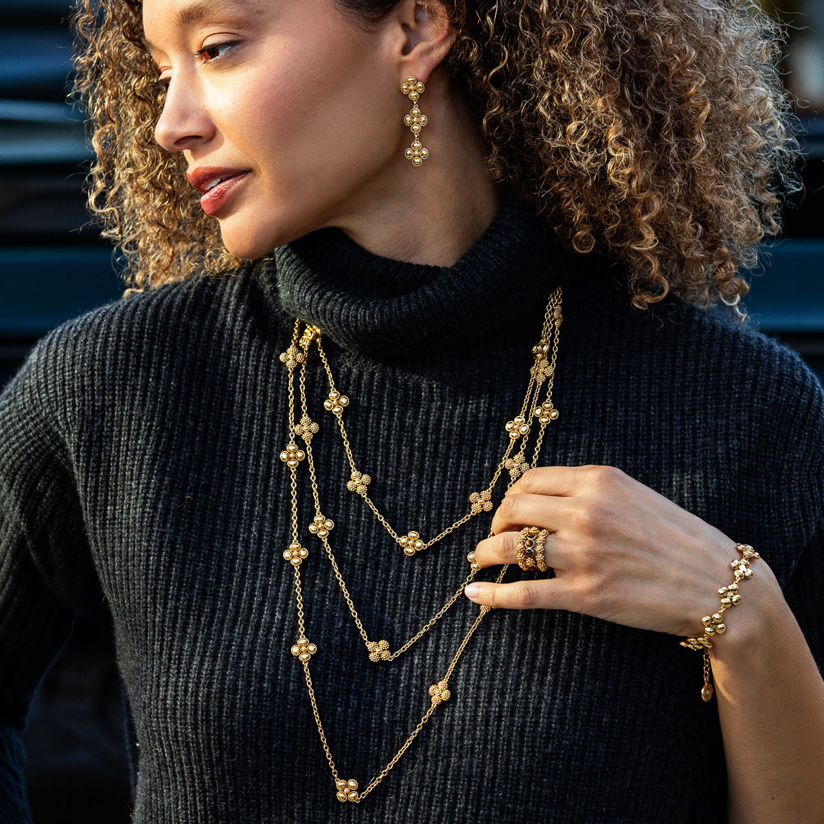 Berry Clover Double Sided Necklace, 16"+2" - Gold full lifestyle of necklace stack on model 