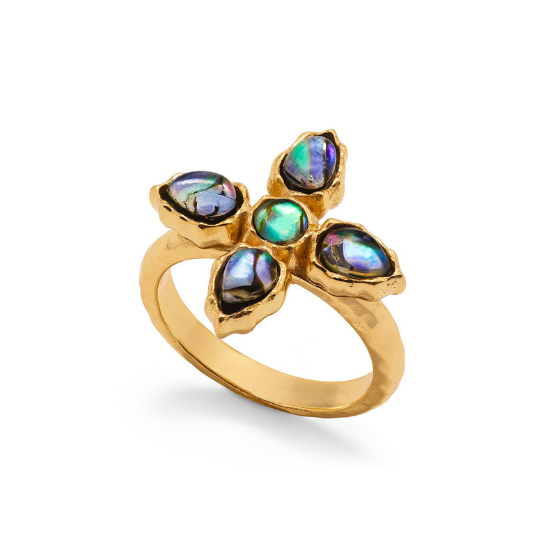 Add a little natural intrigue to your ensemble with this statement-making ring that is swirling with jewel-toned colors and awash with iridescence. Featuring sustainably harvested abalone set in a molten flourish of gleaming gold, it whispers of the mysterious treasures of Mother Earth - from the depths of the sea to the dancing northern lights in the sky -and serves as a reminder of the mercurial magic that you carry within you every day. Bring depth and drama to juxtapose with modern looks for the office 