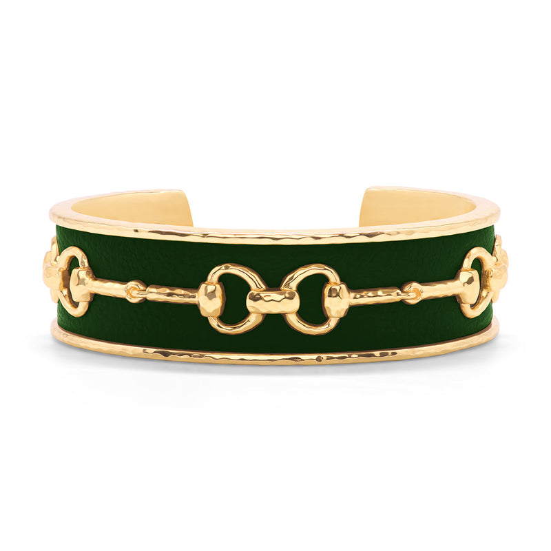 Richly hued and textural in forest green faux leather for layering into bracelet stacks or to stand alone, featuring our golden Snaffle Bit motif to represent the majesty of horses, unbound freedom and unbridled joy to carry with you, wherever you may roam.