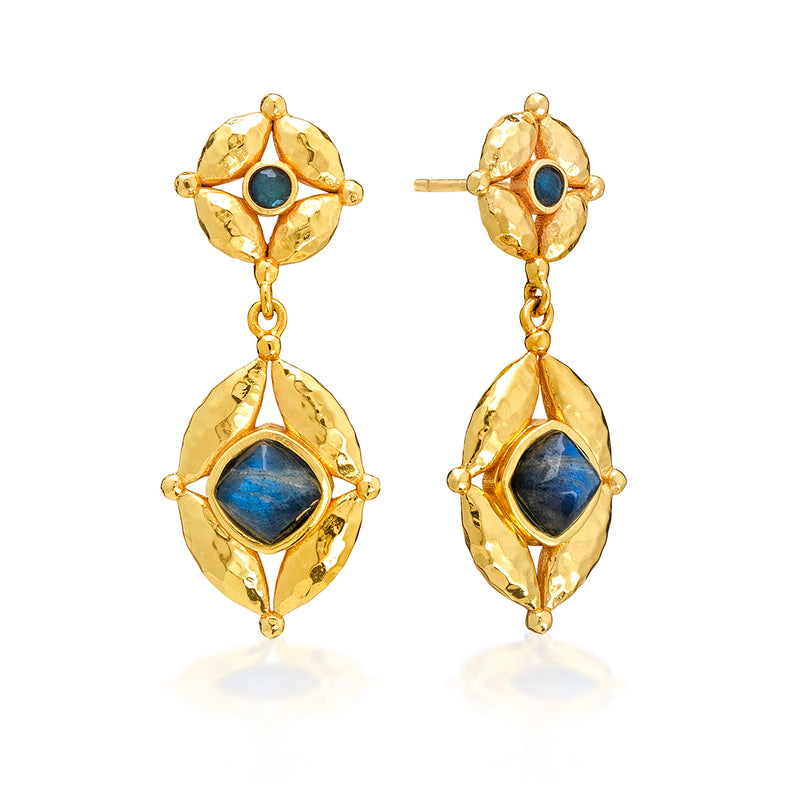 These radiant drop earrings feature our Mystic Eye motif, with intense blue labradorite gemstones enveloped in bright, hammered gold. Elegant yet striking, this bewitching pair is brilliant day to night and dressed up or down to suit your mood. Your inner sight is strong—so trust your instincts and shine bright!