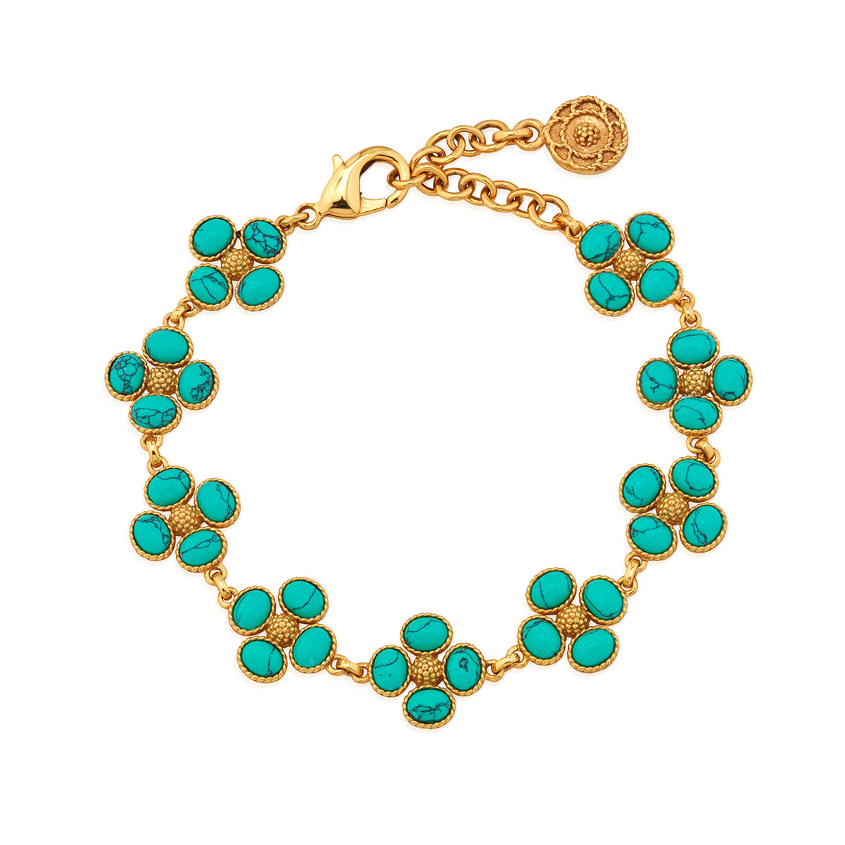 Better than finding a lucky clover, this stunning bracelet is like stumbling upon a field full of them, with gleaming golden clovers studded with colorful turquoise orbs, united in linear fashion. This go-to piece layers beautifully in a bracelet stack, is fabulously versatile, and elevates your ensemble with a splash of serendipity.