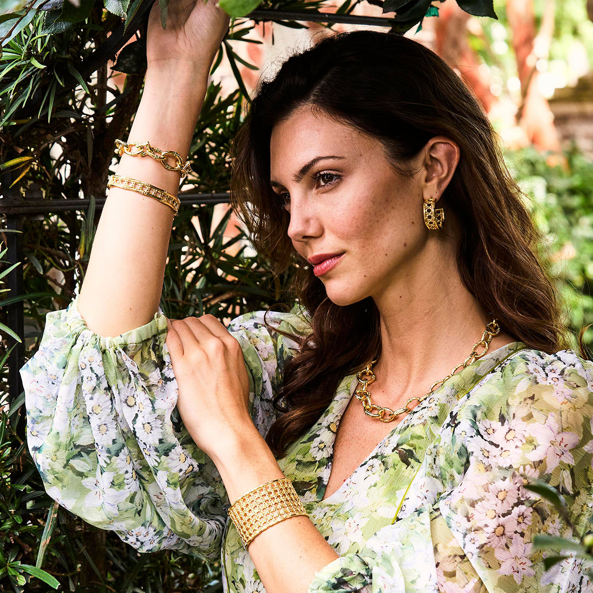 Bangkok Bamboo Link Bracelet, 7.25 in - Gold-Green Enamel