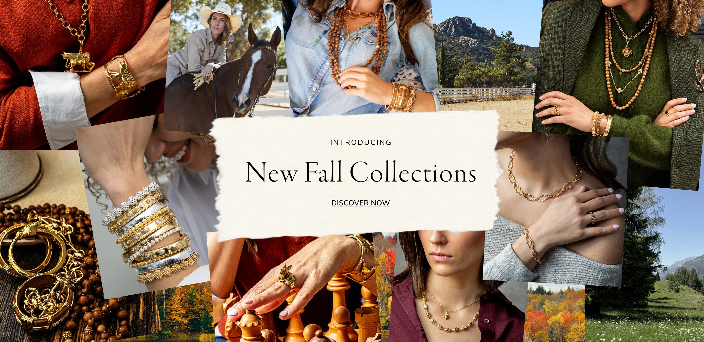 A collage-style promotional graphic for jewelry, showing multiple close-up photos of people wearing layered gold necklaces, bracelets, rings, and earrings. A central cream banner reads 'Introducing New Fall Collections' with 'Discover Now' below.
