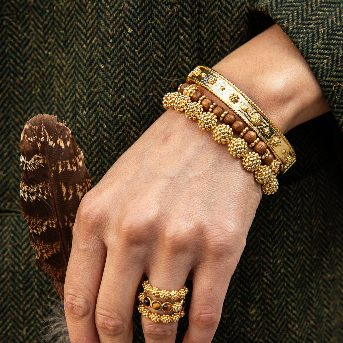 Berry Stretch Bracelet - Teak gold and teak bracelet stack on wrist