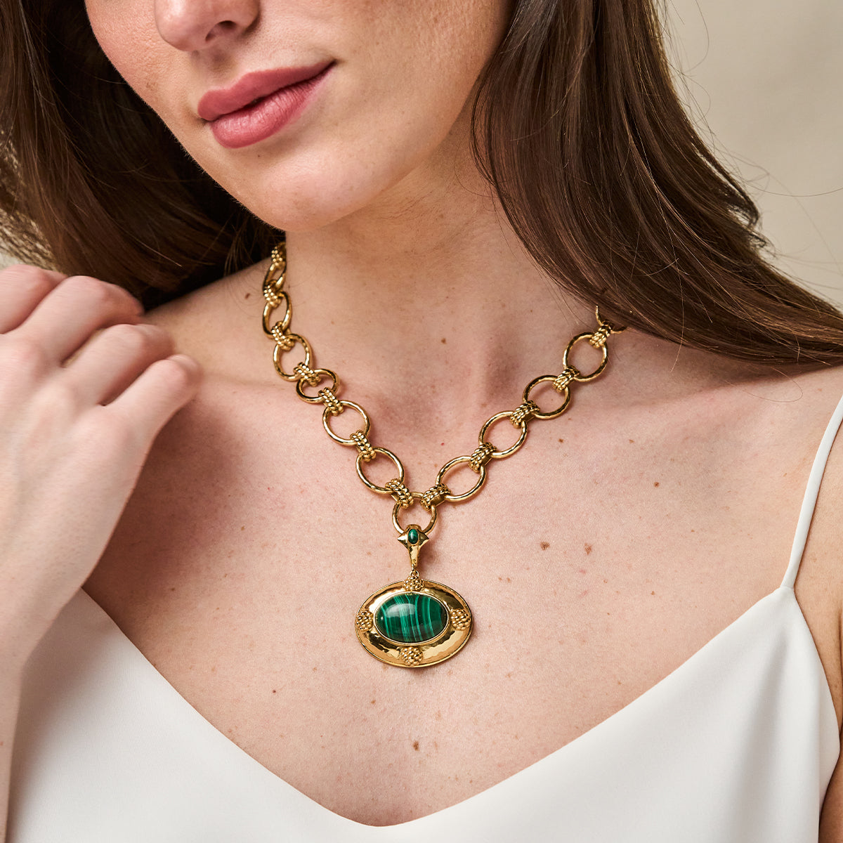 Cleopatra Removeable Pendant Necklace, 16"+2" - Malachite On Model