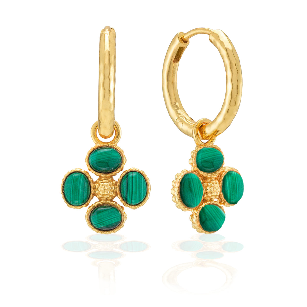 Berry Clover Hoop Earrings with Double Sided Charm - Malachite