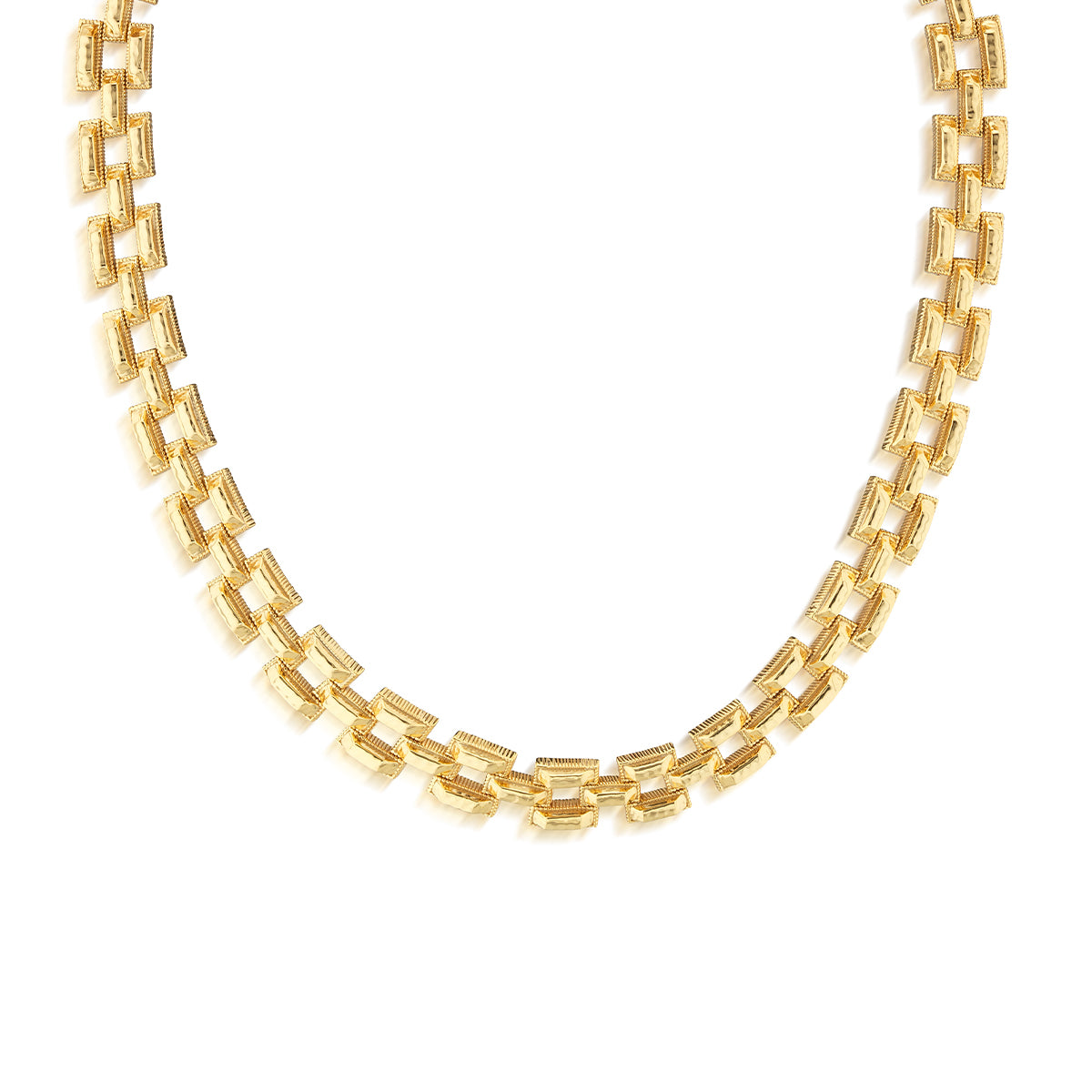 We all have different paths in life; we must build the most important ones ourselves with a combination of hard work and a bit of luck—stone by stone, brick by brick. Inspired by taking the road less traveled, we paved this stunning statement necklace in rectangular, hammered gold links in a geometric framework that's equal parts versatile, eye-catching and chic, to take with you every step along the way of your daily adventures.