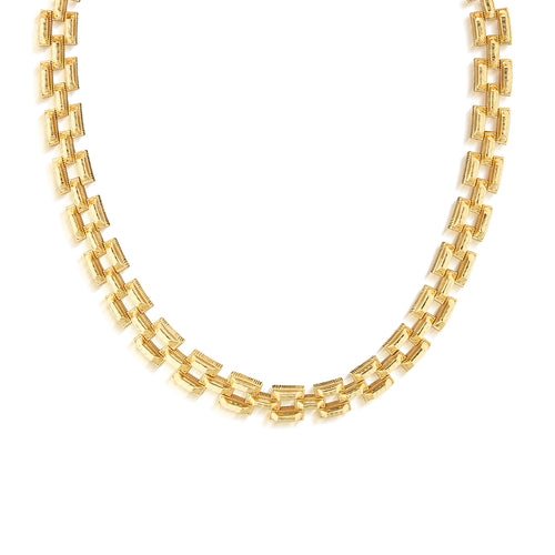We all have different paths in life; we must build the most important ones ourselves with a combination of hard work and a bit of luck—stone by stone, brick by brick. Inspired by taking the road less traveled, we paved this stunning statement necklace in rectangular, hammered gold links in a geometric framework that's equal parts versatile, eye-catching and chic, to take with you every step along the way of your daily adventures.