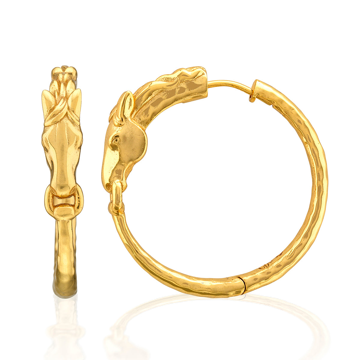 Equestrian Horsehead Hoop Earrings - Gold Front and Side Detail 