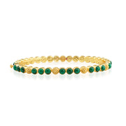 Trios of gorgeous green malachite are united by a sprinkling of golden berries to create this refined bangle that adds a fabulously feminine flourish to any ensemble—whether you’re running a meeting, hosting a dinner party or jet-setting to Monaco.