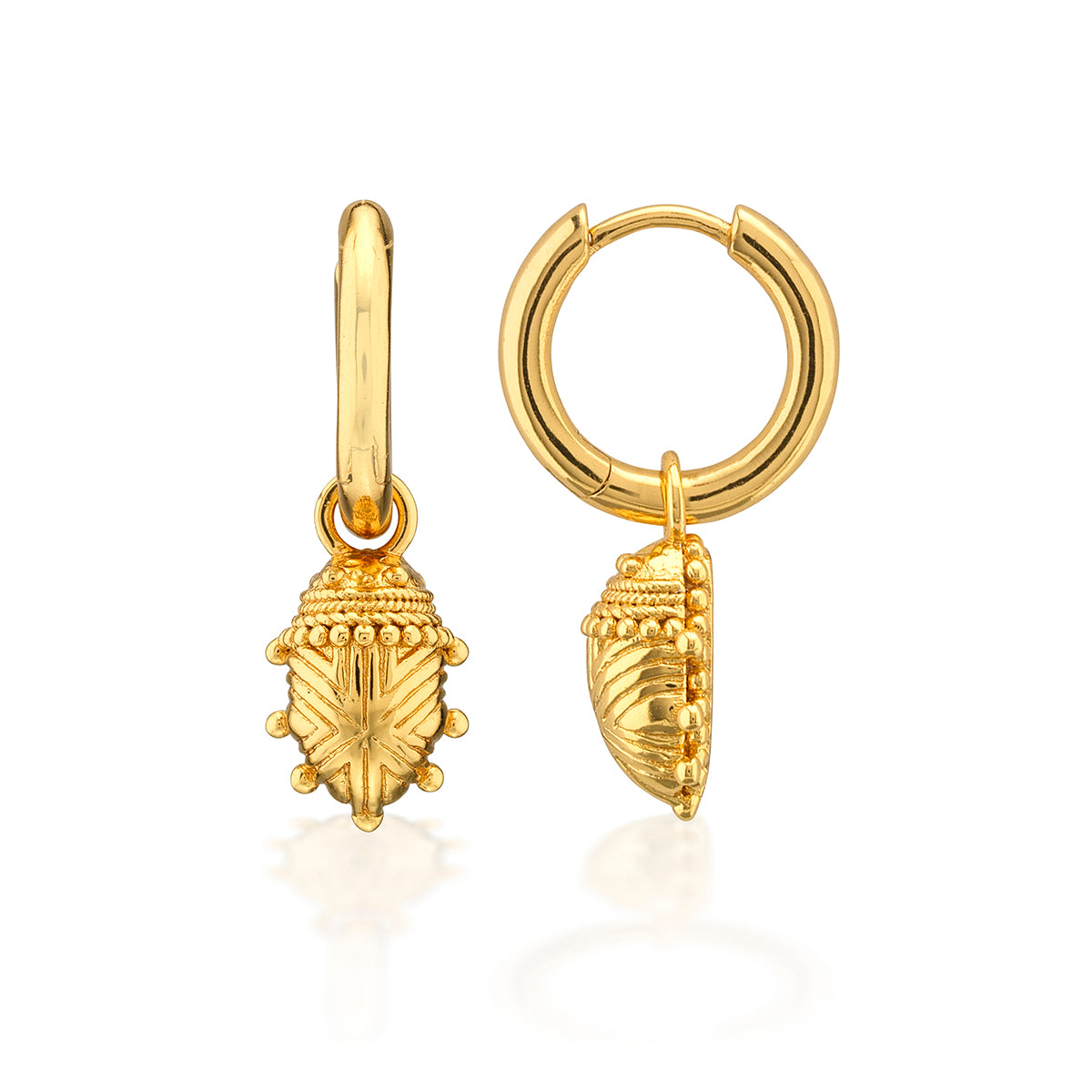 Scarab Huggie Charm Earrings - Gold detail of front and side of earring