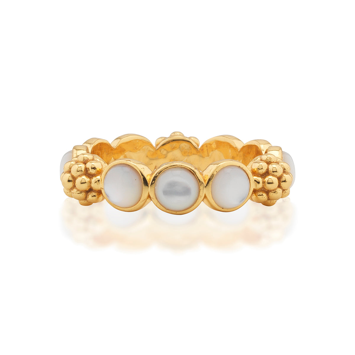 Adorned with lustrous drops of mother of pearl and a sprinkling of golden berries for a look that is polished and feminine, this ring adds a fabulously feminine flourish to any ensemble—whether you’re running a meeting, hosting a dinner party or jet-setting to Monaco. Equally sweet and sophisticated, it’s equally lovely on its own or in a stack.