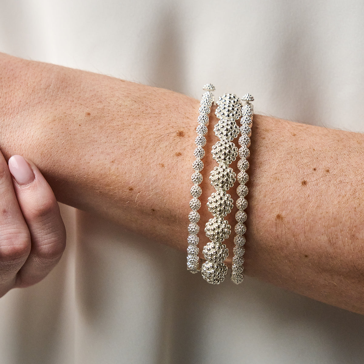 Berry Eternity Hinged Bangle, S/M - Silver bracelet stack on wrist