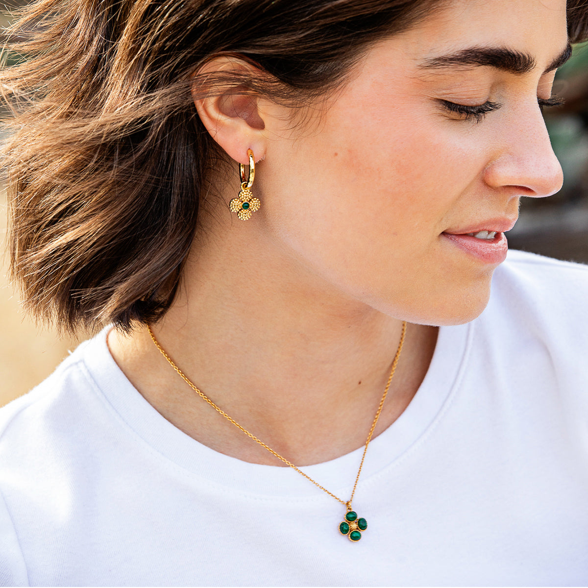 Berry Clover Hoop Earrings with Double Sided Charm - Malachite lifestyle of earring and necklace