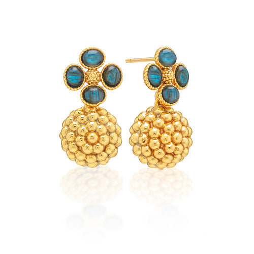 Gorgeous gold berries dangle from clovers made of luminous blue labradorite gemstones, centered with petite gold berries to make a subtle statement when paired with everything from a pair of jeans to a cocktail dress. Lucky you!