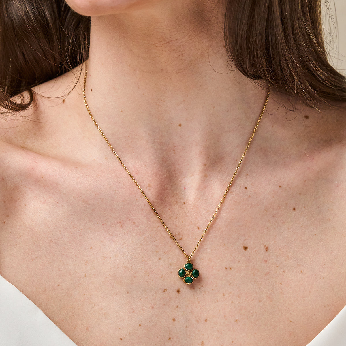 Berry Clover Double Sided Charm Necklace, 16"+2" - Malachite close up of front of necklace on model