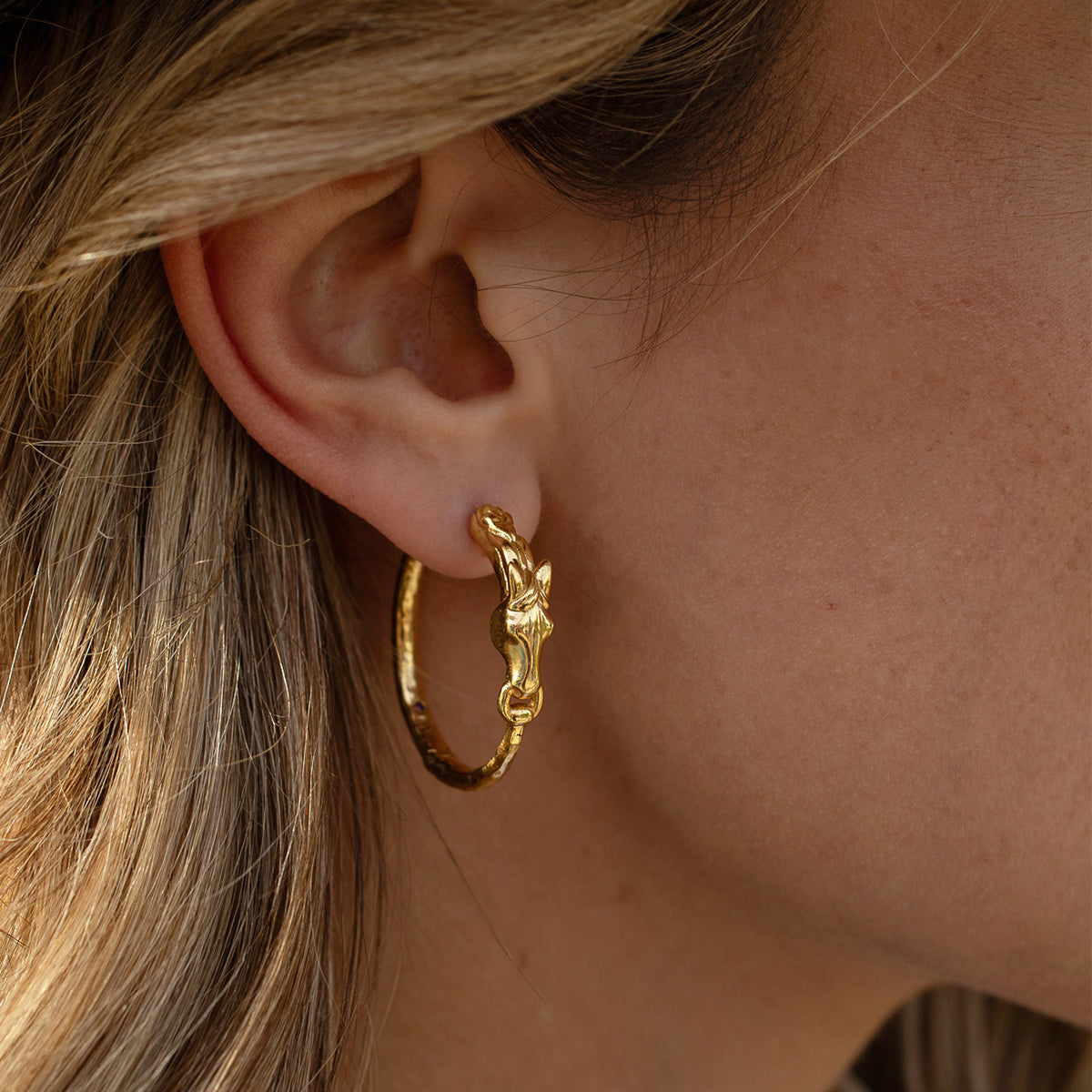 Equestrian Horsehead Hoop Earrings - Gold Close Up 