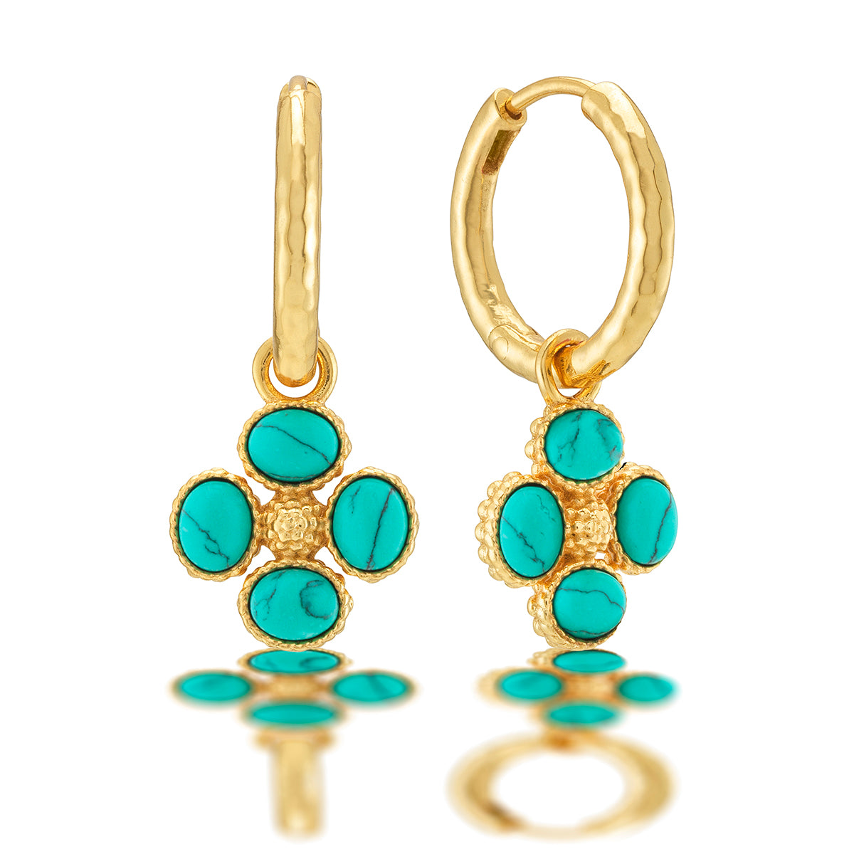 Classic hoops in hammered gold dangle our exquisitely detailed clover charms that are cleverly double-sided so you can choose how you wear them—gilded berry exterior with turquoise center or turquoise exterior with gilded berry center (or a combination)! Whichever clover you pick, the result is subtly stunning, romantic and unique. Lucky you!