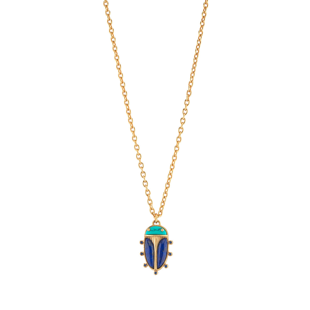 A dainty golden necklace chain is embellished with our stunning scarab—an empowering talisman of strength and resilience that you can carry with you every day. Our modern version of an ancient Egyptian amulet, this gorgeous beetle features intricate golden detailing, deep blue lapis wings and a bright turquoise head. Eye-catching, whimsical and interesting, this charming creature draws attention wherever it goes.