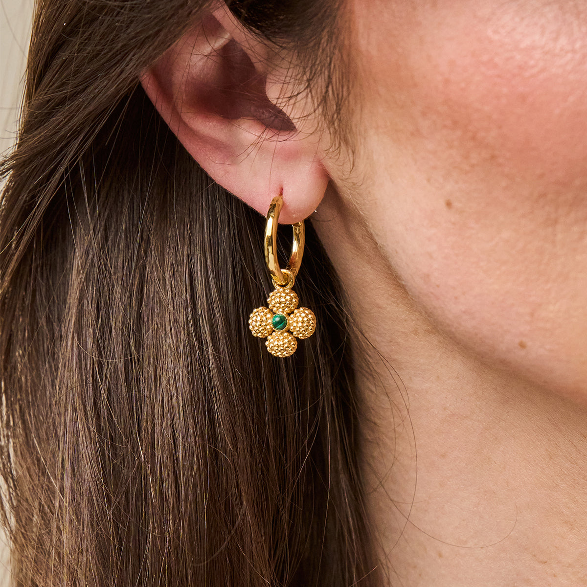 Berry Clover Hoop Earrings with Double Sided Charm - Malachite close up of back of earring on ear