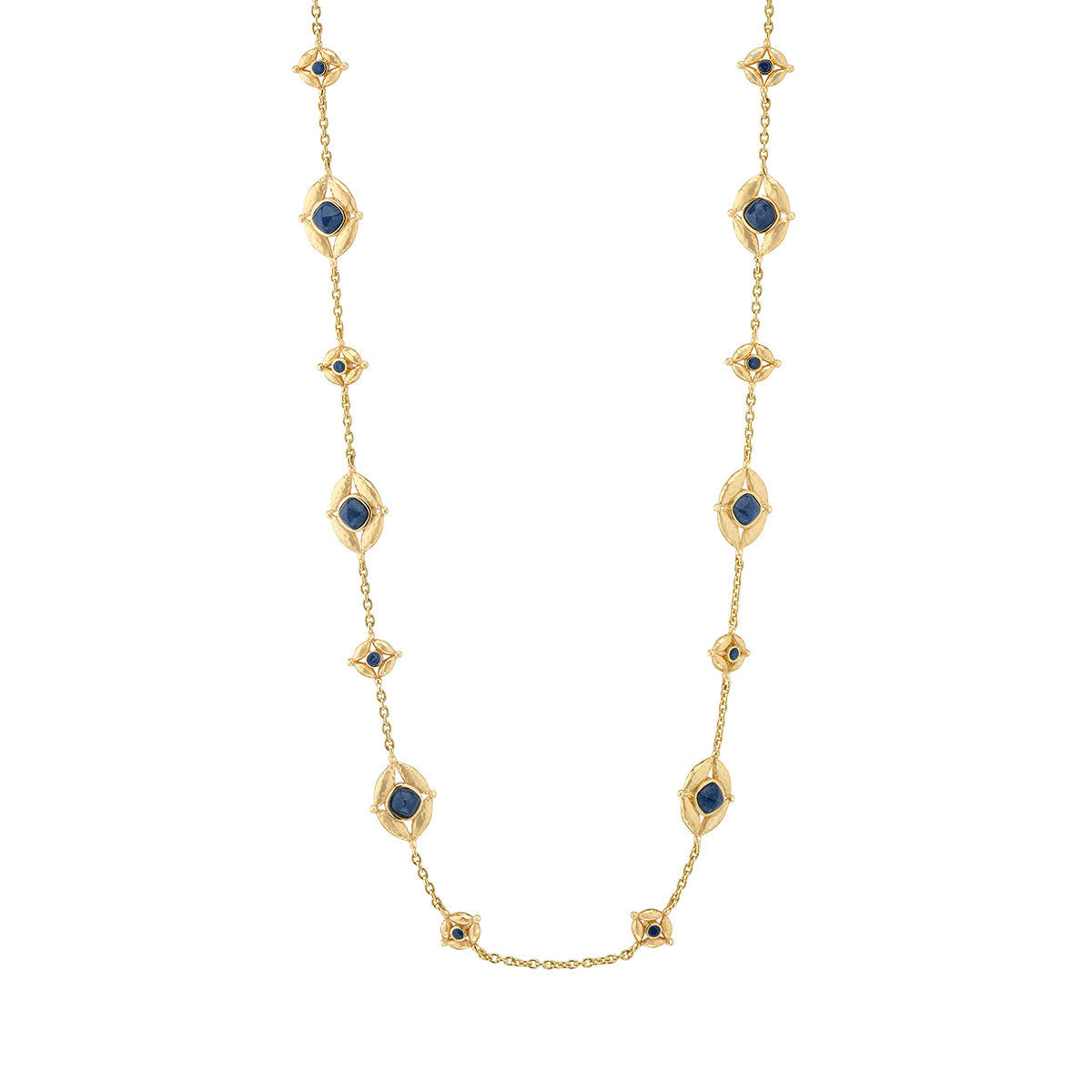 This double-sided chain necklace is a vision in bright, gleaming gold, interspersed with all-seeing eyes of lush green onyx and intense blue labradorite gemstones that flip throughout the day with a wink of playfulness. Mystical yet modern, this eye-catching piece is inspired by the cosmic place between your heart (feeling) and head (logic). Wear it long or doubled around your neck for a layered look and be reminded to trust your instincts, your inner sight.
