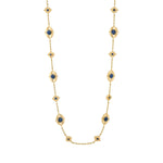 This double-sided chain necklace is a vision in bright, gleaming gold, interspersed with all-seeing eyes of lush green onyx and intense blue labradorite gemstones that flip throughout the day with a wink of playfulness. Mystical yet modern, this eye-catching piece is inspired by the cosmic place between your heart (feeling) and head (logic). Wear it long or doubled around your neck for a layered look and be reminded to trust your instincts, your inner sight.