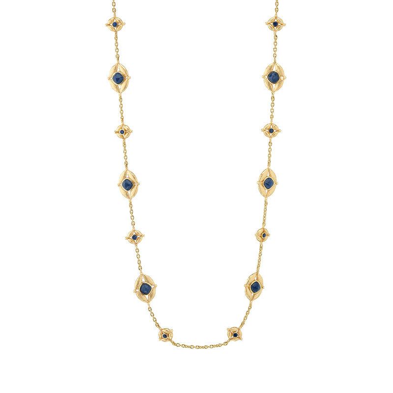 This double-sided chain necklace is a vision in bright, gleaming gold, interspersed with all-seeing eyes of lush green onyx and intense blue labradorite gemstones that flip throughout the day with a wink of playfulness. Mystical yet modern, this eye-catching piece is inspired by the cosmic place between your heart (feeling) and head (logic). Wear it long or doubled around your neck for a layered look and be reminded to trust your instincts, your inner sight.