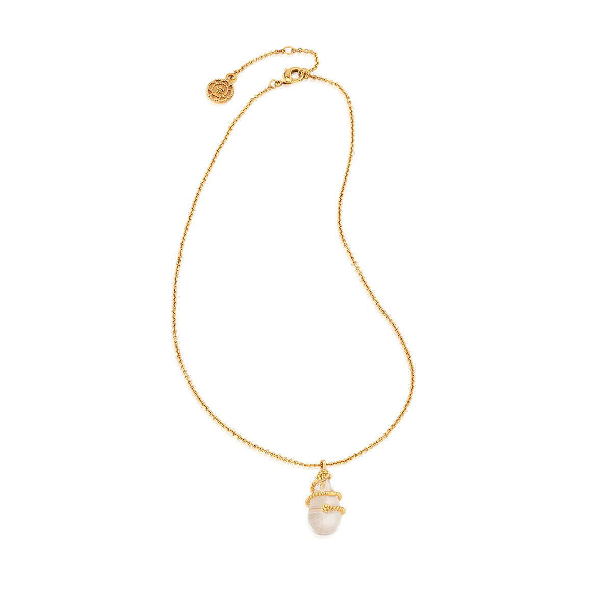 Gold necklace with a pearl pendant on a white background