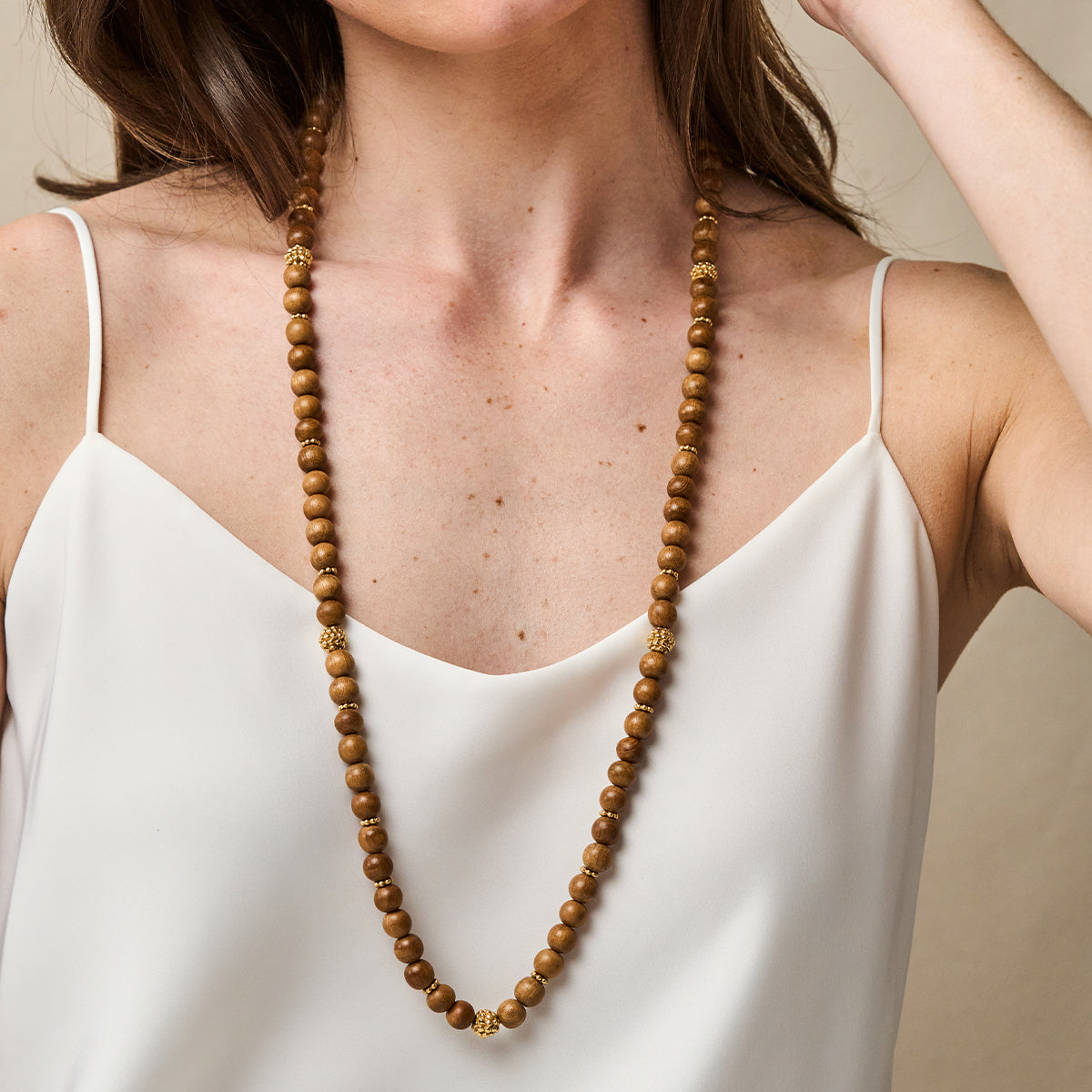 Berry Single Strand Beads Necklace, 32" - Teak close up on model 