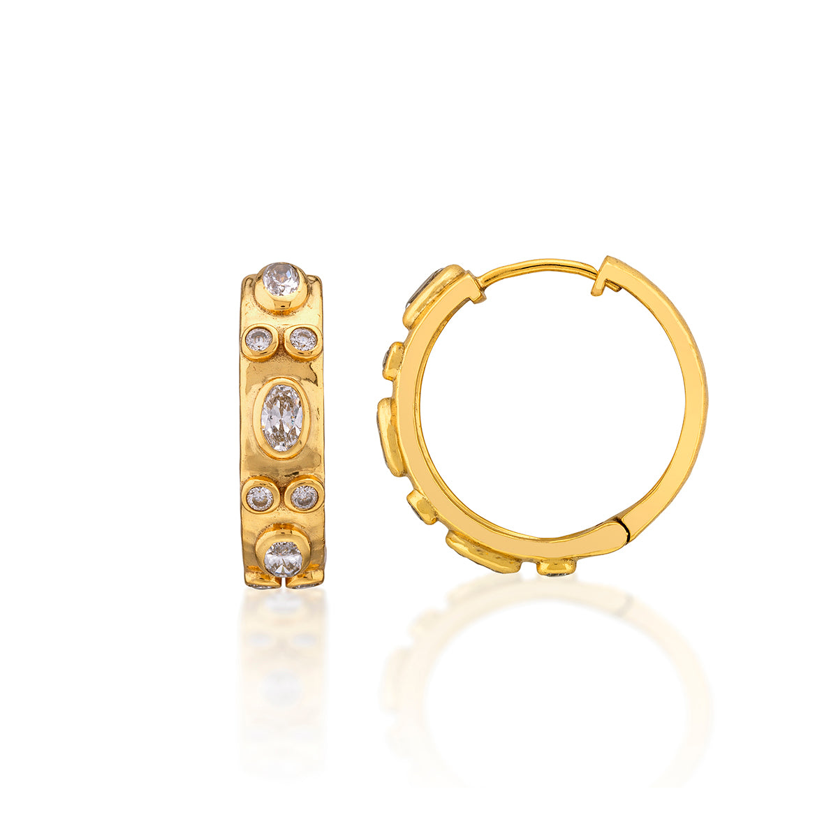 Maharani Huggie Hoop Earrings - Clear Cubic Zirconia detail of earring front and side