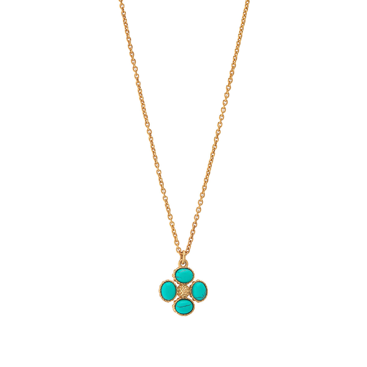 A dainty chain is embellished with a sweet, single turquoise clover trimmed with intricate gilded details and a golden berry center. This light and airy necklace is lovely for layering and brings a touch of elegance to elevate your everyday. You’ll adore wearing this go-to piece from day to night, work to weekend.