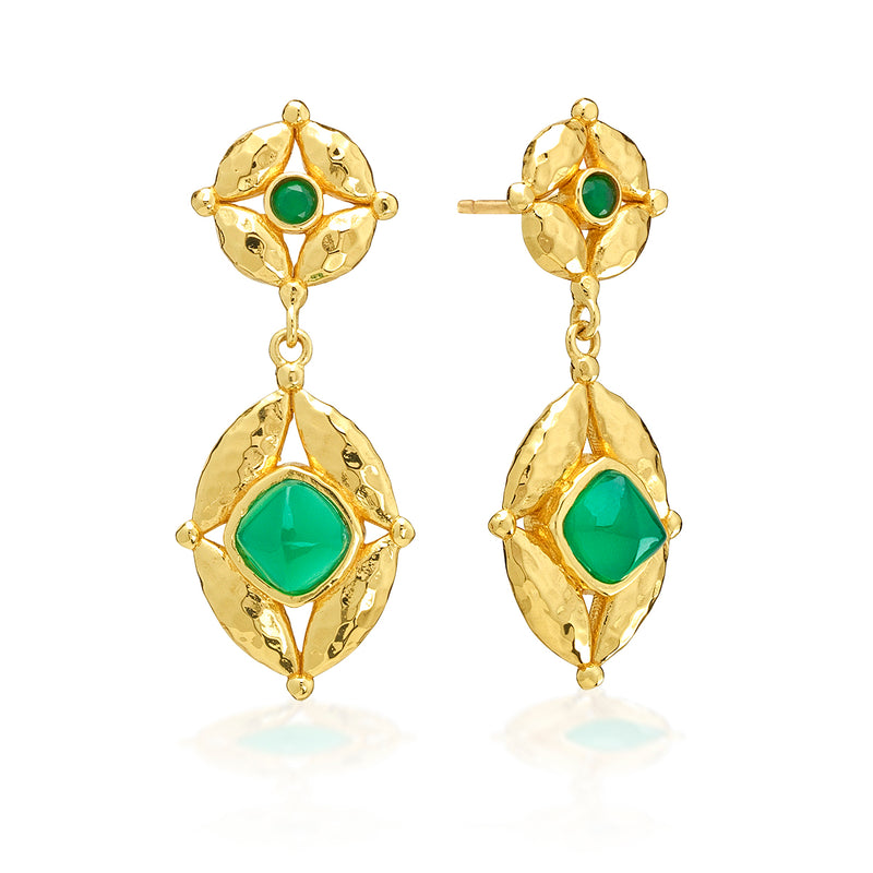 These radiant drop earrings feature our Mystic Eye motif, with mesmerizing green onyx gemstones enveloped in bright, hammered gold. Elegant yet striking, this bewitching pair is brilliant day to night and dressed up or down to suit your mood. Your inner sight is strong—so trust your instincts and shine bright!